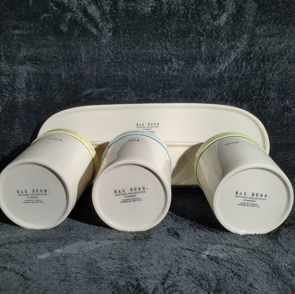 Rae Dunn 4 pc Set - Knife Spoon Fork Canisters on Platter - Picture 4 of 4